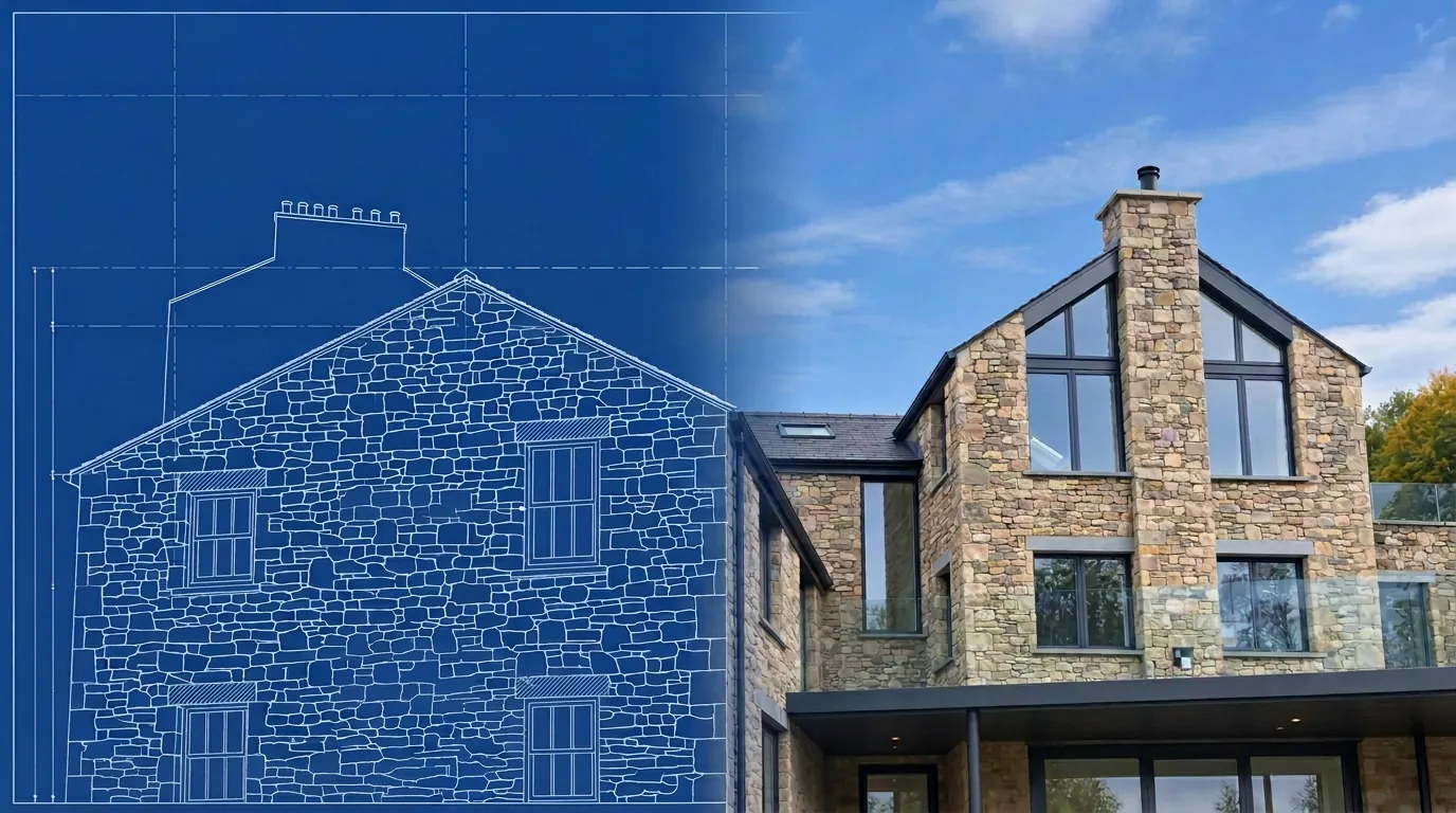 Before and after: architectural drawing beside the finished stone house